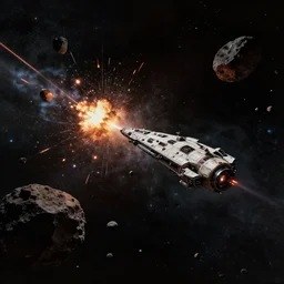 Wide shot of a spaceship battle, explosions and lasers. Asteroid belt. Scenic view, in the void of space, underexposed, matte painting by Craig mullins and Emmanuel_Shiu and john berkey, cinematic, dark sci-fi, concept art trending on artstation, 4k, insane details, ultra realistic, movie quality