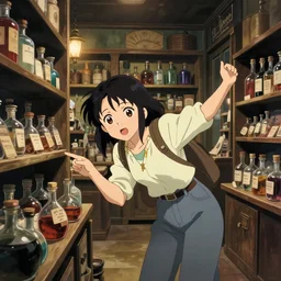 anime frames, portrait of a young female traveler in a alchemist's potion shop interior shopping, cute face by ilya kuvshinov and yoshinari yoh, mucha, moody, dynamic perspective pose, lomography, hdr