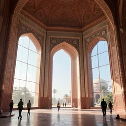 the inside of a monument with mughal motifs, by tim blandin and arthur haas and bruce pennington and john schoenherr, big windows architecture by zaha hadid, octane render, cinematic, scenery, cgsociety, modernism, futuristic, trending on artstation, sci - fi, high detail, high quality, close up angle, people walking