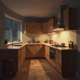curved perspective digital art of a dim lit kitchen by Gediminas Pranckevicius