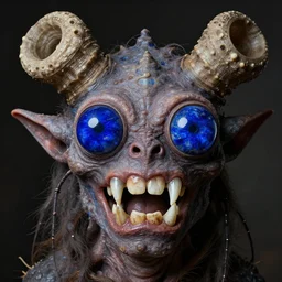 close up portrait of a mutant monster creature with four lapis - lazuli eyes, knife - like teeth, round conch fractal horns, insect antennae. jan van eyck, walton ford