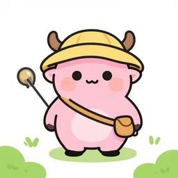 A outline illustration of a cute pink Kobold as a world explorer