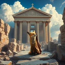 illusion painting surrealist hidden image : an adorable small fox in the huge ruins of king solomons temple, jerusalem. dreamy clouds are shaped like third temple. a hooded bearded old man in a brown tunic laughing, colorful 8 k, art station, intricate superb details, digital art, illusion painting hidden image.