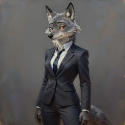 oil painting detailed full body of anthromorphic female wolf, in style of zootopia, zootopia, zootopia, fursona, furry, furaffinity, 4 k, deviantart, furry art, fursona art, wearing business suit, in style of zootopia, wolf fursona, cyberpunk, female, expressive, detailed feminine face,
