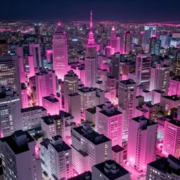 a photograph of a metropolis at night made entirely of white buildings and lit with neon pink street lights