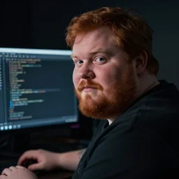 an cinematic headshot portrait of a fat ginger man, short hair, facial hair, sat in the dark on a pc, coding, ultra realistic