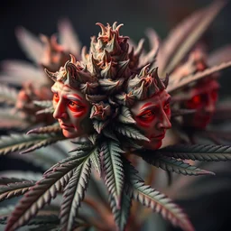 beautiful photorealistic cannabis marijuana flower buds with human faces on them with red eyes photorealistic 4 k hd