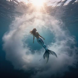 a mermaid swimming in a misty vortex cloud under water, sun shining through the water, award - winning photography, soft lighting, ultra detailed, dslr, cinematic, volumetric lighting, 8 k resolution, photorealistic