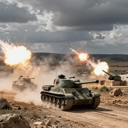 cromwell tanks cruising through tunisia with artillery blasts around them