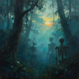 dark foggy jungle and skeleton silhouette with backlight , cyan atmosphere , very detailed oil painting by frazetta with visible brushmarks, dramatic clouds , sunset panorama