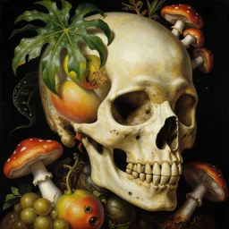 a close - up painting of a tropical alien skull with colorful fruit and mushrooms. surrealism. black background. highly detailed science - fiction fantasy painting by norman rockwell, moebius, frank frazetta, syd mead, and stanislaw fernandes. rich colors, high contrast. renaissance masterpiece. artstation