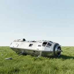 next to the wreckage of a small spaceship on a grass field, on an alien planet, from a sierra point and click 2 d graphic adventure game, set design inspired very slightly by tomb raider, art inspired by [ [ thomas kinkade ] ] and mark keathley and greg rutkowski
