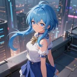 Blue-haired anime girl standing on rooftop overlooking futuristic city, trending on Pixiv, hyper-detailed, HD anime, anime wallpaper