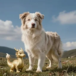 white light beige australian shepherd sky luck dragon pupper, neverending story, finnegan, cinematic