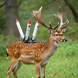 a beautiful spotted deer in the woods, rocket launchers on the deers back