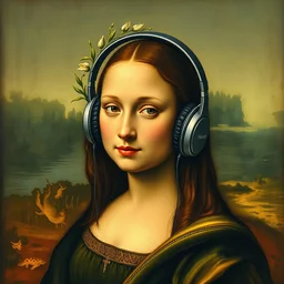 please put the headphones 🎧 on her look she's wearing a set of nice overear headphones 🎧 a painting that looks like she's wearing overear headphones negative negative nope nope no no not no not no not but it's now mona lisa but she's wearing overear headphones 🎧 on her head wearing overear headphones over her ears