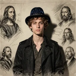 ( thirtytsix years old!!!, quirky!, melancholic ) [ [ [ lee evans ] ] ] as [ [ [ tristan thorn ] ] ] ( with a hat ) in stardust ( 2 0 0 7 ), sketch by leonardo da vinci, van dyck, caravaggio and rembrandt, overcast lighting, high contrast, strong shadows, inspired by robert capa