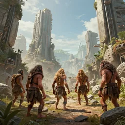 futuristic cavemen discovering a ruined city ,highly detailed, 4k, HDR, award-winning, artstation, octane render