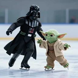 photo of Darth Vader and Yoda ice skating together, having a great time, ultra photorealistic, 8k, artstation