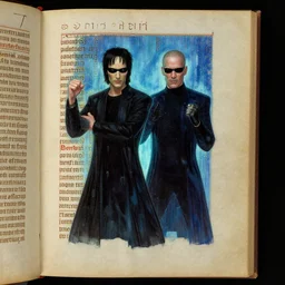 illuminated manuscript of Neo fighting Agent Smith in the Matrix