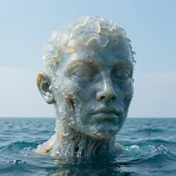a giant human head sculpture in the sea made out of juicy and transparent alien jelly, long shot, hyper detailed, hyper realistic, ray tracing, 8 k resolution, sharp focus, realistic water, award winning
