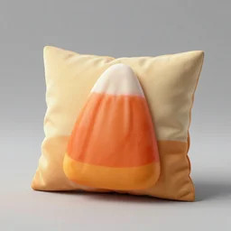 “photorealistic 3D render of pillows shaped like Halloween candy corn.”