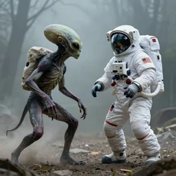 an alien creature attacking a cosmonaut 8 k hyperrealism