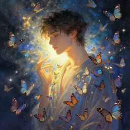 man surrounded by butterflies, celestial light, divine, in the style of Wylie Beckert