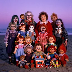 a colorful photograph of grandparents wearing weird costumes in a beach, purple sunrise, with many diabolical dolls, the creepiest kids toys ever made, poppy playtime style, cursed dolls, with crazy laughs and crazy eyes, like little miss no name, face bank, fearsome flush, blippy in the box, jolly chimp, fingertronic howdy doody electronic puppet, skinny bones, trolls, boobahs, taken by martin parr, saturated colour photo kodachrome