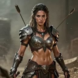sweated ancient princess tribewoman  ready to fight, partially destroyed armor inspired monster hunter, low shot camera, muscular, symmetrical face, clean face, subtle make up, debris and arrows flies around her, frozen time effect,dramatic lighting, cinematic, establishing shot, extremely high detail, photorealistic, 300 the movie,monster hunter the movie, dune the movie, cinematic lighting, artstation, octane render, western,old photo, vintage
