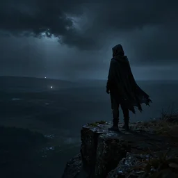 a dark and stormy night. a lone figure stands at the edge of a cliff, looking out over a vast and empty landscape. in the distance, a single light can be seen flickering in the darkness. the figure is cloaked in a tattered black cape, and his face is hidden by a hood. digital art.