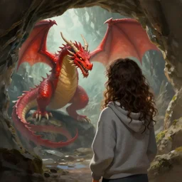 back view of a curly long haired woman wearing grey hoodie discovering a red dragon in a cave, digital painting