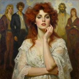 a stunning portrait painting of goddess angela sarafyan, contemplative, hybrid oil painting, high fashion, lace clothing, scenic background, art by jeremy pitkin, alphonse mucha, greg rutkowski, tim hildebrandt, boris vallejo, artgerm