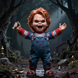 screaming chucky doll with drill arms in style of tim burton cinematic