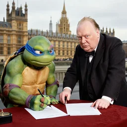 Winston Churchill and the Teenage Mutant Ninja Turtles signing a peace treaty in the house of Parliament
