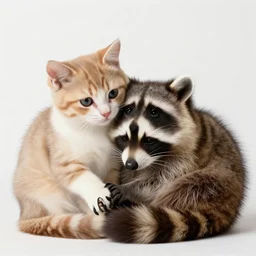 a beautiful and cute picture of a cat and a racoon cuddling in a basket with a red sunset behind, afternoon soft light, ultra realistic 8K, f 1,4