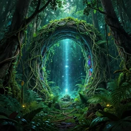 intergalactic stargate portal in the middle of a dense jungle, with vines and creepers wrapping around it, and strange glowing lights emanating from it by edward gorey