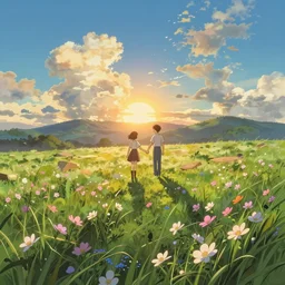 astral flower sunrise meadow, retro art illustration in the style of makoto shinkai and leiji matsumoto