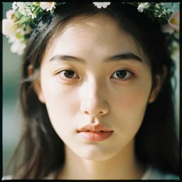 a close - up of a model's face, her features illuminated by a soft, ethereal light. she wears a dainty crown of flowers in her hair, and her gaze is direct and intense. kodak portra 4 0 0