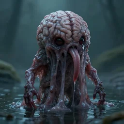a creepy monster blob, slimy tongue, saliva, skin texture like a brain,  standing in shallow water, unsettling, creepy, artstation, cgsociety