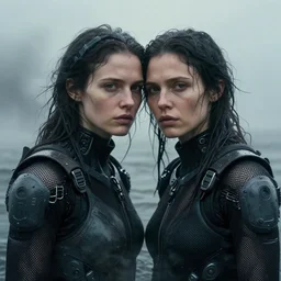 cinestill 5 0 d candid photographic portrait by helen levitt of two loving female androids wearing rugged black mesh techwear in treacherous waters, extreme closeup, modern cyberpunk moody emotional cinematic, dust storm, 8 k, hd, high resolution, 3 5 mm, f / 3 2, ultra realistic faces, ex machina