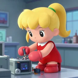 pixar - style rendering of : roll is repairing computers in dr. light's laboratory. roll is a cute female ball - jointed robot ( inspired by osamu tezuka ) who has blonde hair with bangs and a ponytail tied with a green ribbon. she is wearing a red one - piece dress with a white collar, and red boots.