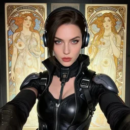 portrait of a woman wearing cyberpunk clothing in a scifi city, high detail, crisp shading, in the style of greg rutkowski and alphonse mucha and andree wallin, selfie