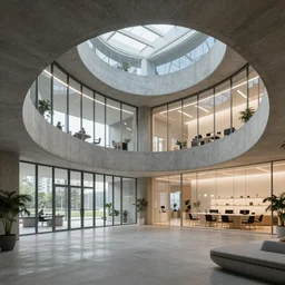 concrete interior architecture for dreaming like google office, dynamic lighting, glass windows, dreamy, relaxing environment, hyperrealistic, intricate details, 8 k, lighting on concrete