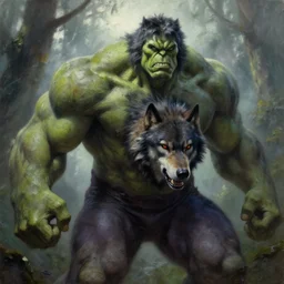frazetta hulked oversized rugged werewolf wolf concept art macro medium close up shot in deep forest, mist, overcast, backlighting, oil painting by frank frazetta by greg rutkowski