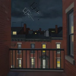 full color painting of a balcony view of 1 9 2 5 boston with a broken sky, dark, brooding, night