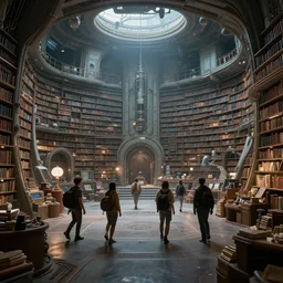 Explorers discover a vast library on an abandoned colony ship, sci-fi, wide shot, trending on artstation