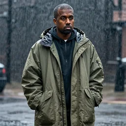 kanye west wearing an oversized parka during a hailstorm, hyper detailed, masterpiece, artstation, advanced lighting technology, stylized yet realistic surrealism, 4 k wallpaper