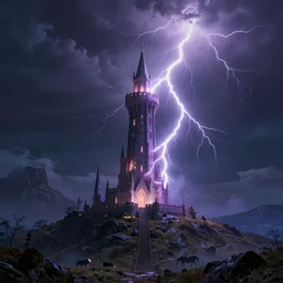 matte painting of a magical mage tower on a hill getting struck by lightning and glowing with energy, scenic view, dramatic lighting, cinematic