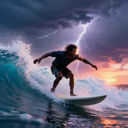 a wide angle dynamic action portrait of a black man with dreadlocks surfing in a thunderstorm, large violent opal waves, by artem rhads chebokha and tooth wu. radiant rim lighting, retrowave sunset, ray tracing, rendered in ureal engine 5
